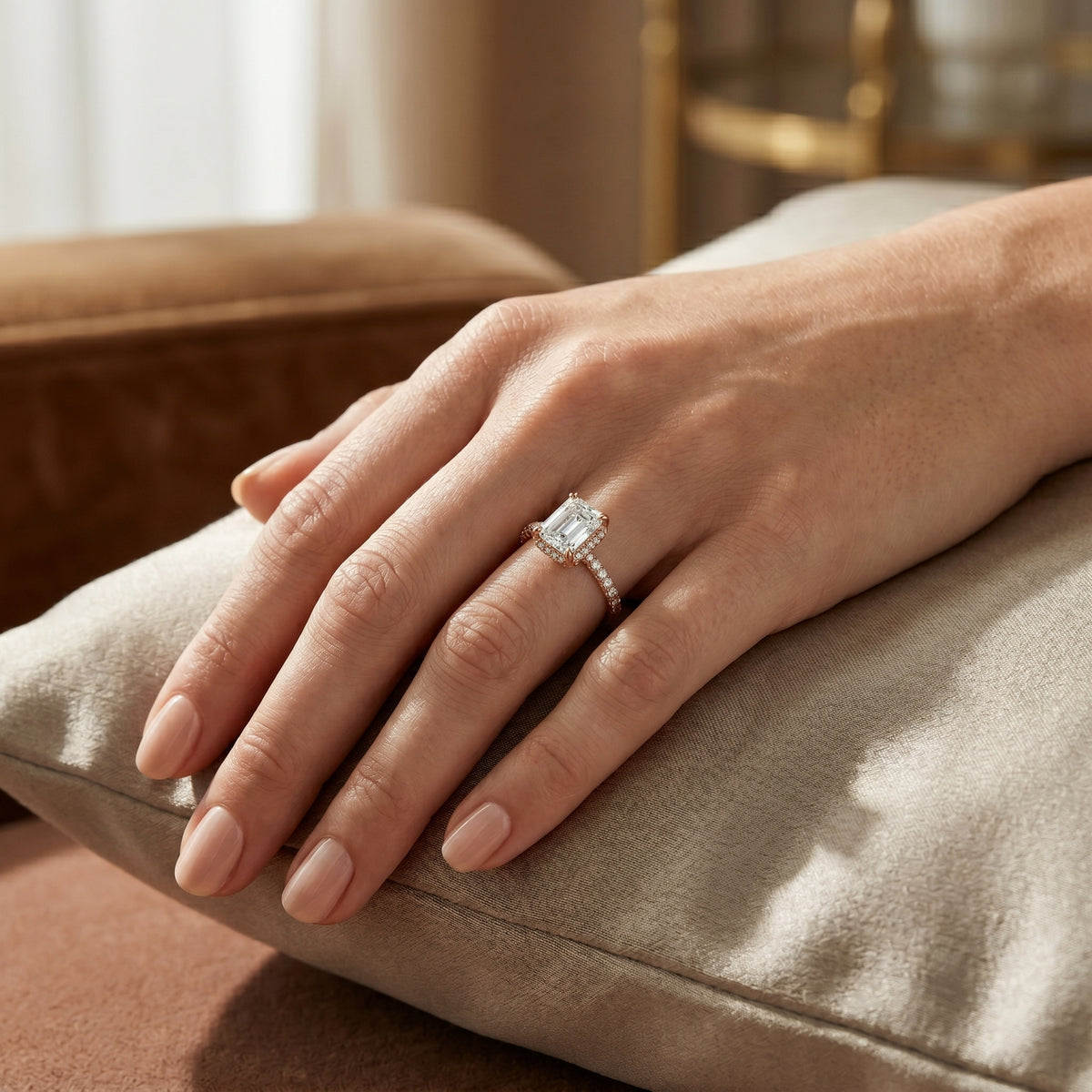 Radiant Cut Engagement Ring with Split Shank Pavé Wrap Band — lifestyle