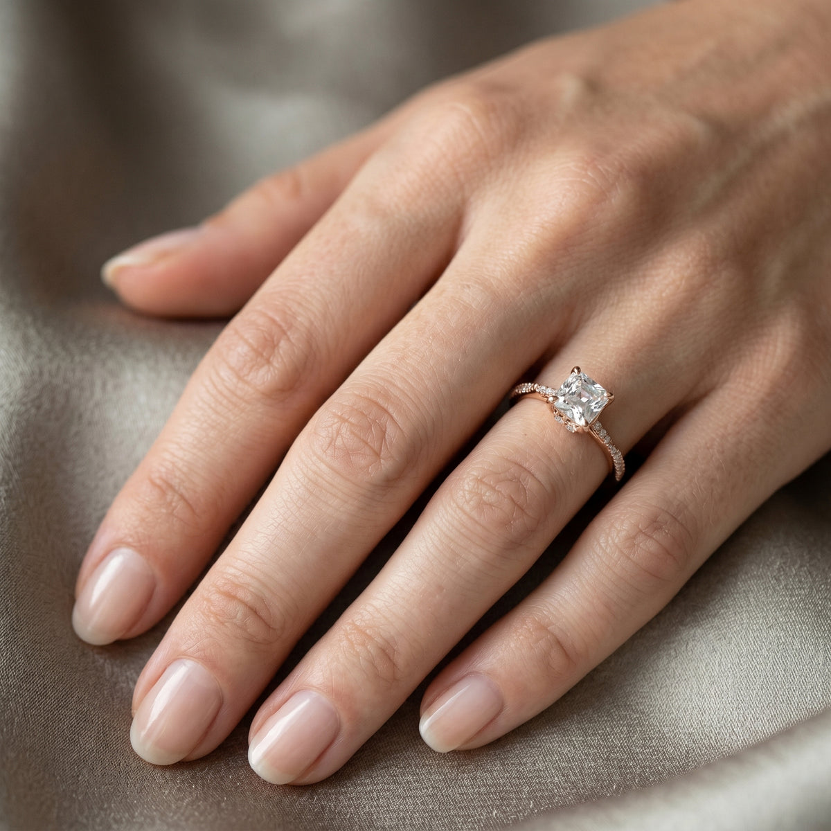 Asscher Cut Engagement Ring with Twisted Pavé Band — lifestyle
