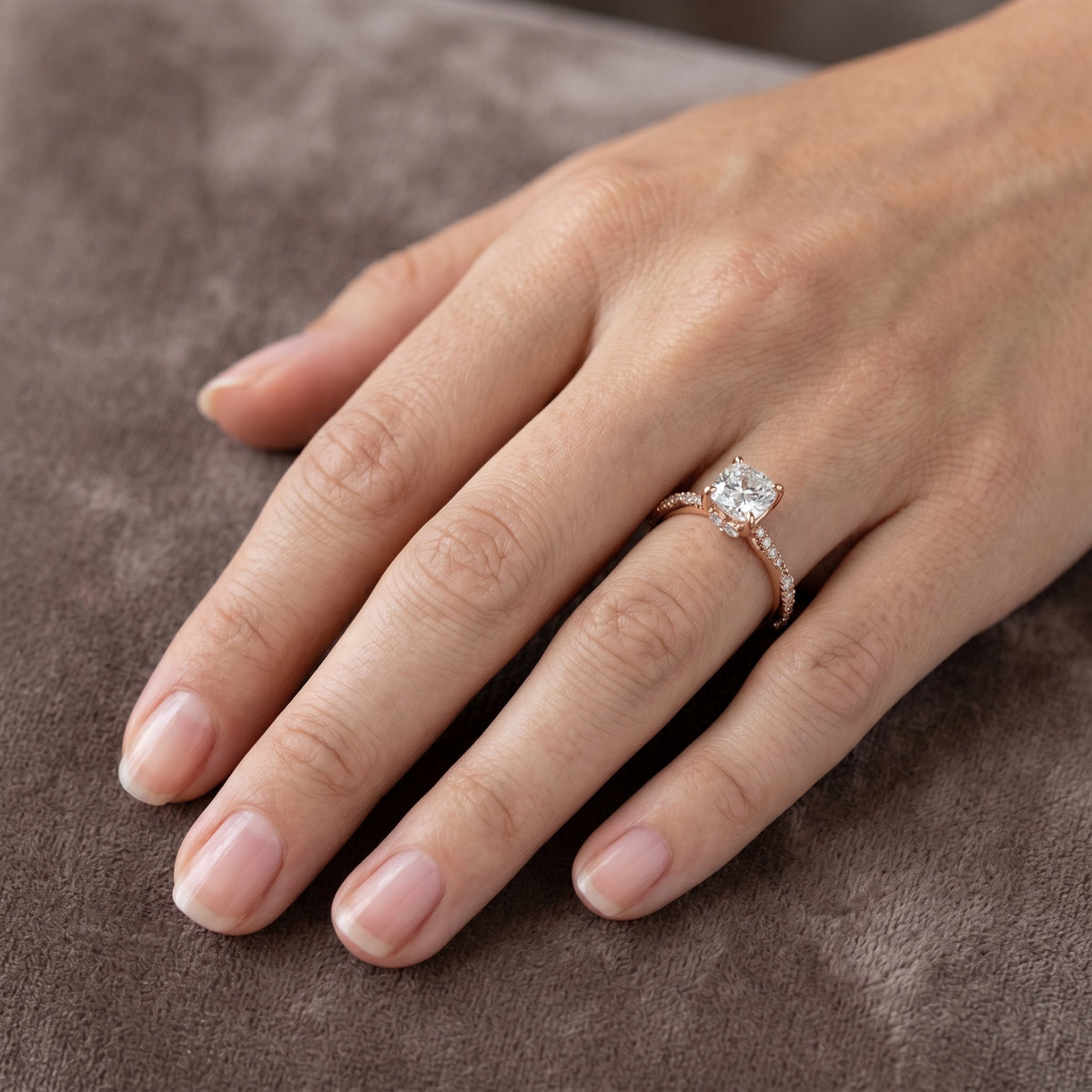 Cushion Cut Engagement Ring with Twisted Vine Pavé Band — lifestyle