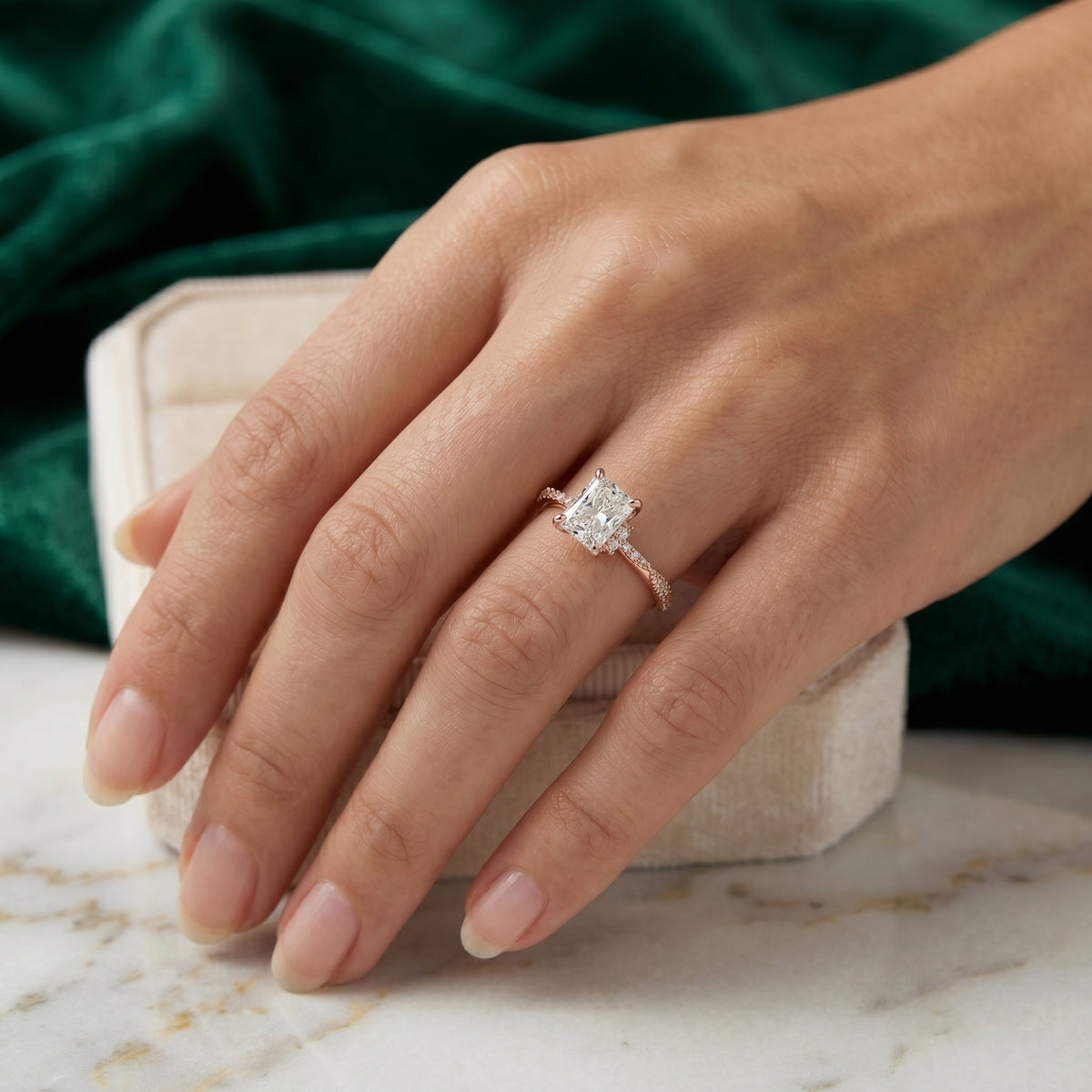 Emerald Cut Engagement Ring with Twisted Vine Pavé Band — lifestyle