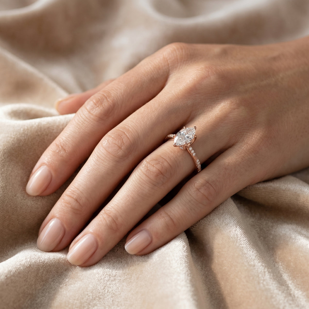 Marquise Cut Engagement Ring with Twisted Vine Pavé Band