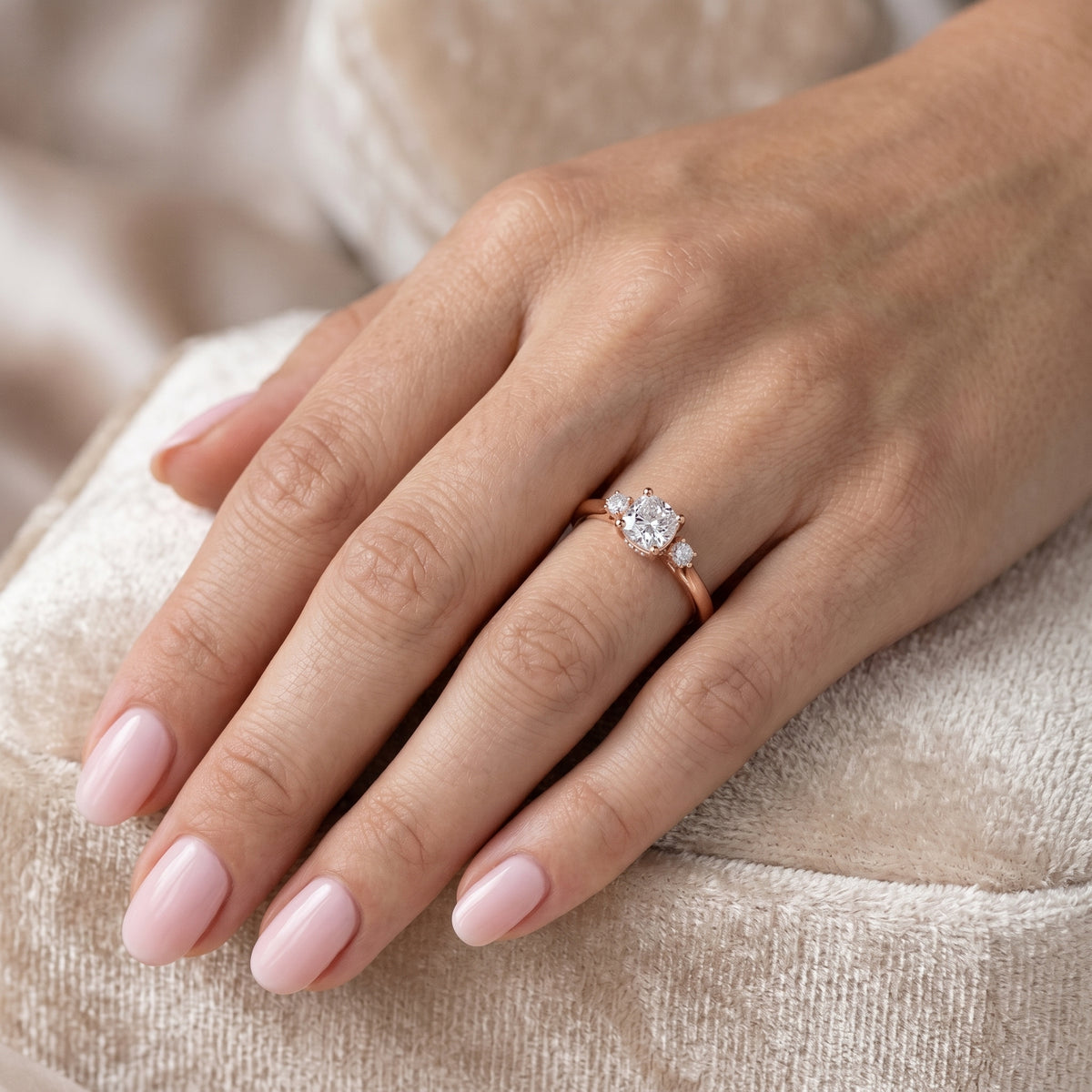Cushion Cut Engagement Ring with Round Side Accents — lifestyle