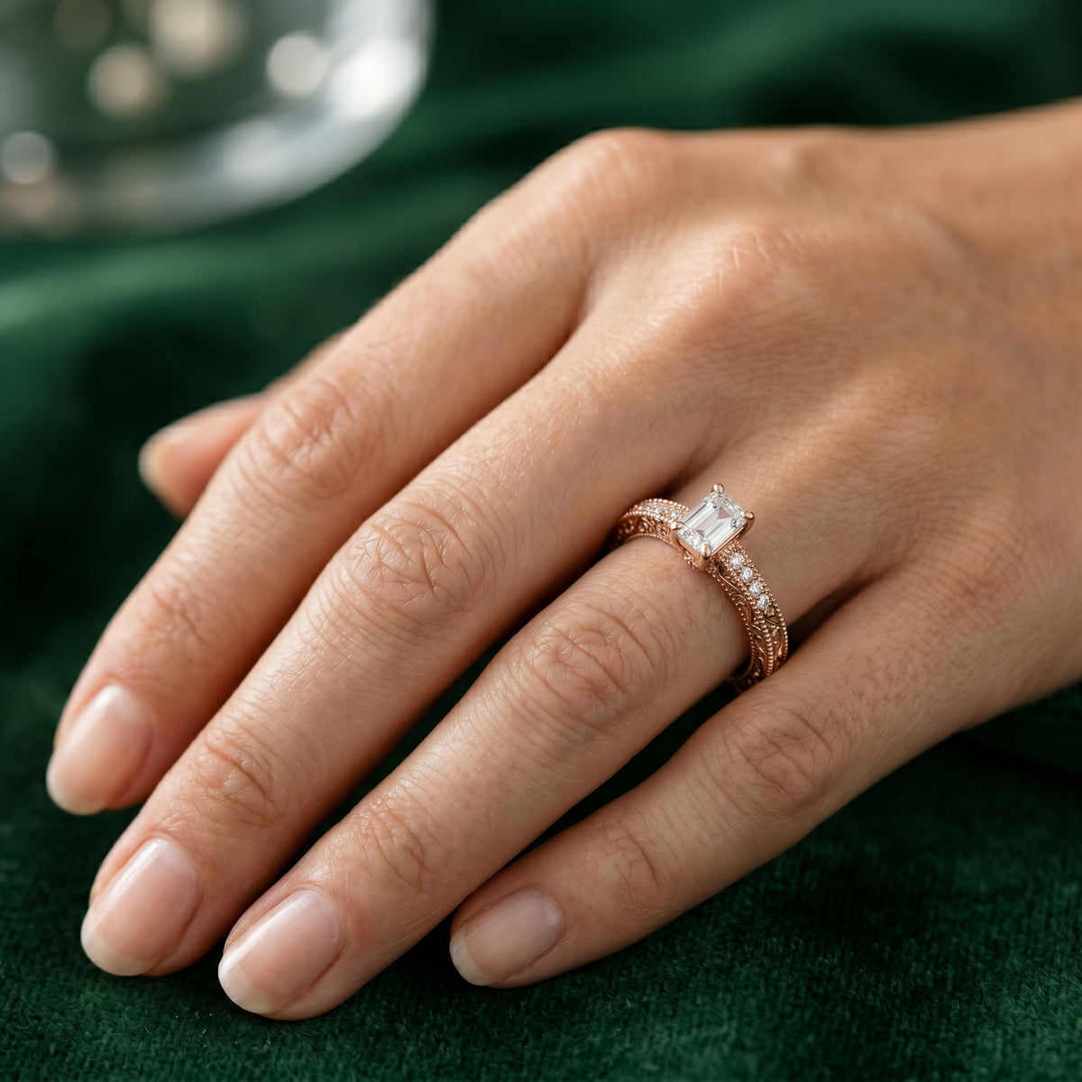 Emerald Cut Engagement Ring with Vintage Milgrain Pavé Band — lifestyle