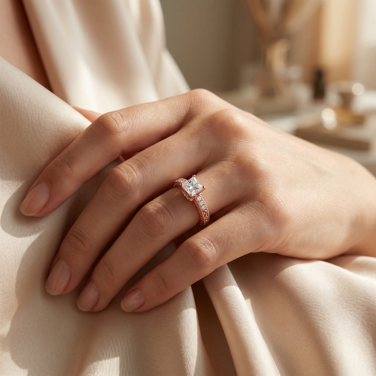 Princess Cut Engagement Ring with Vintage Milgrain Pavé Band — lifestyle