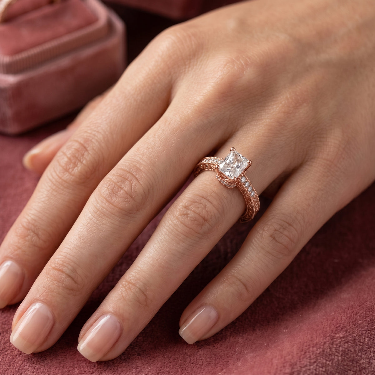 Radiant Cut Engagement Ring with Vintage Milgrain Pavé Band — lifestyle