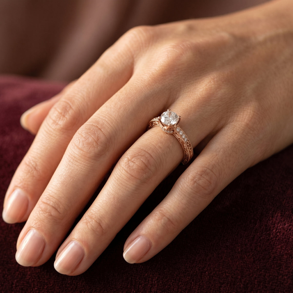 Round Diamond Engagement Ring with Vintage Milgrain Pavé Band — lifestyle
