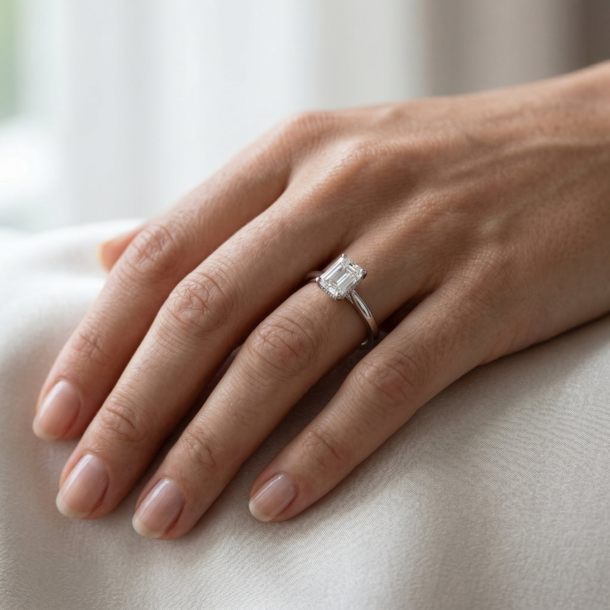Emerald Cut Hidden Halo Solitaire Engagement Ring