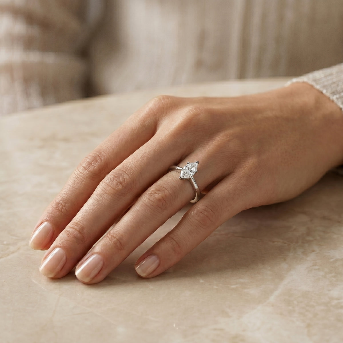 Marquise Cut Six Prong Cathedral Solitaire Engagement Ring — lifestyle