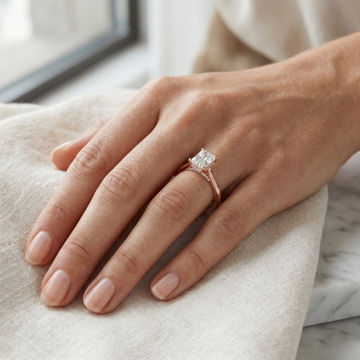 Radiant Cut Solitaire Engagement Ring with Cathedral Band — lifestyle