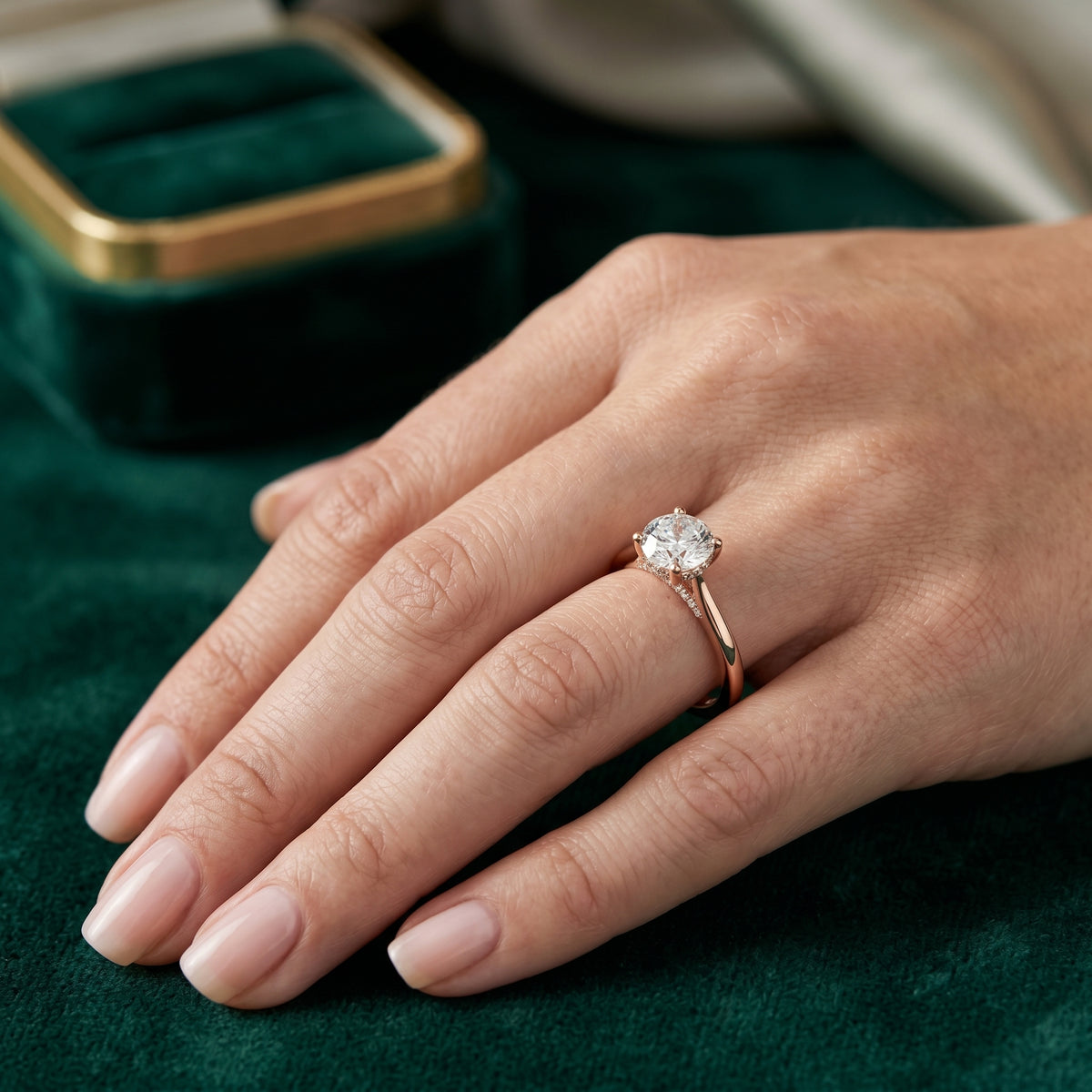 Round Diamond Four Prong Solitaire Engagement Ring with Tapered Band — lifestyle