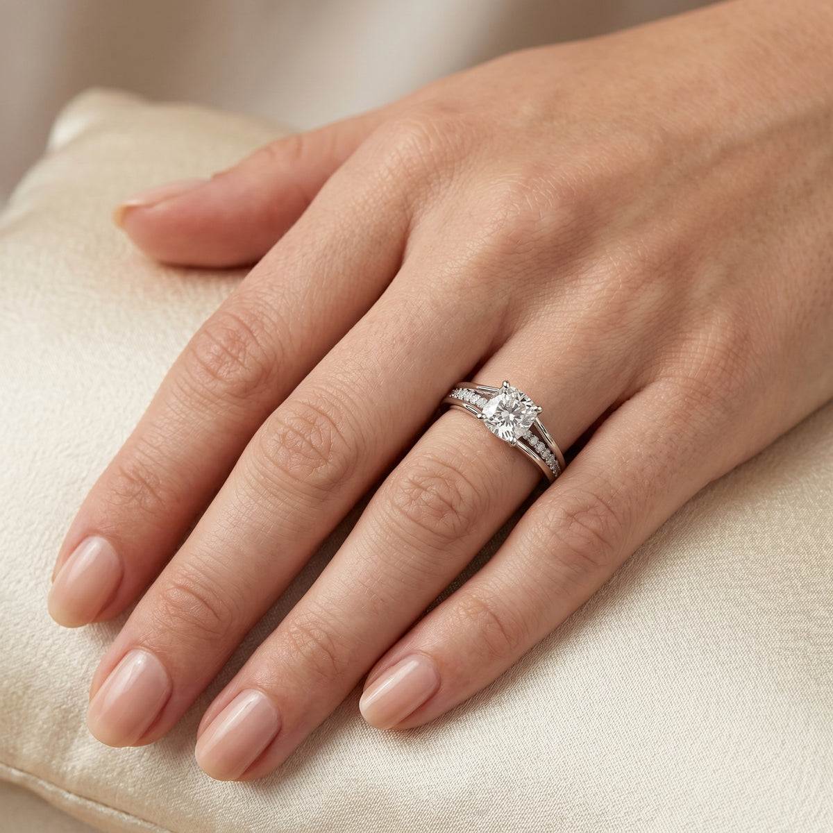 Cushion Cut Engagement Ring with Double Band Split Shank Pavé — lifestyle