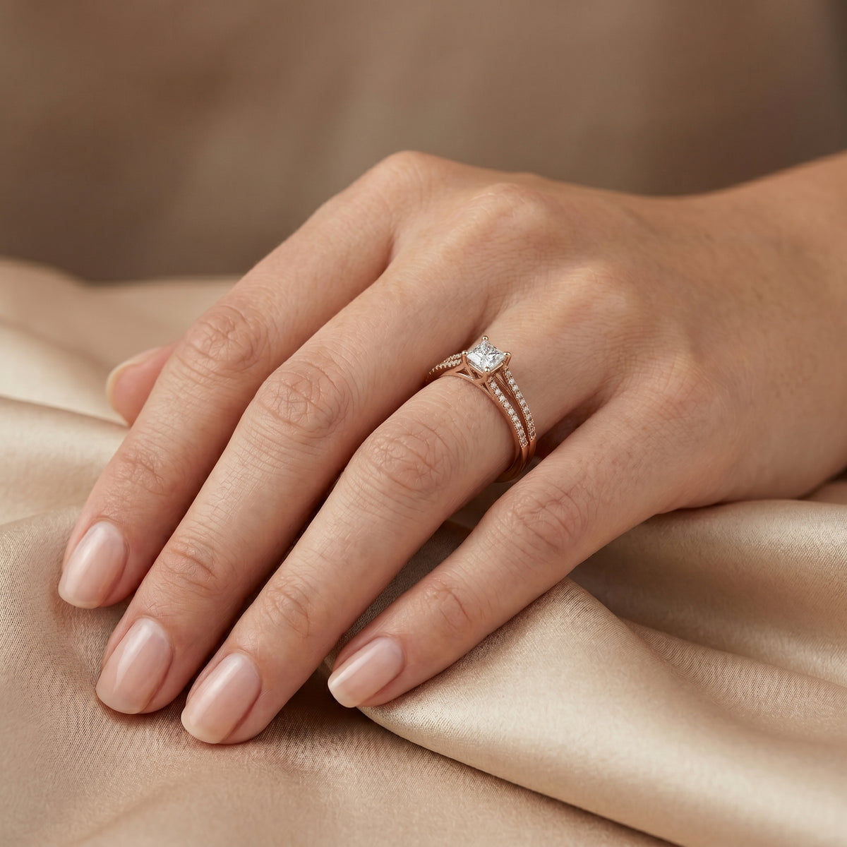 Princess Cut Engagement Ring with Channel Set Pavé Band — lifestyle