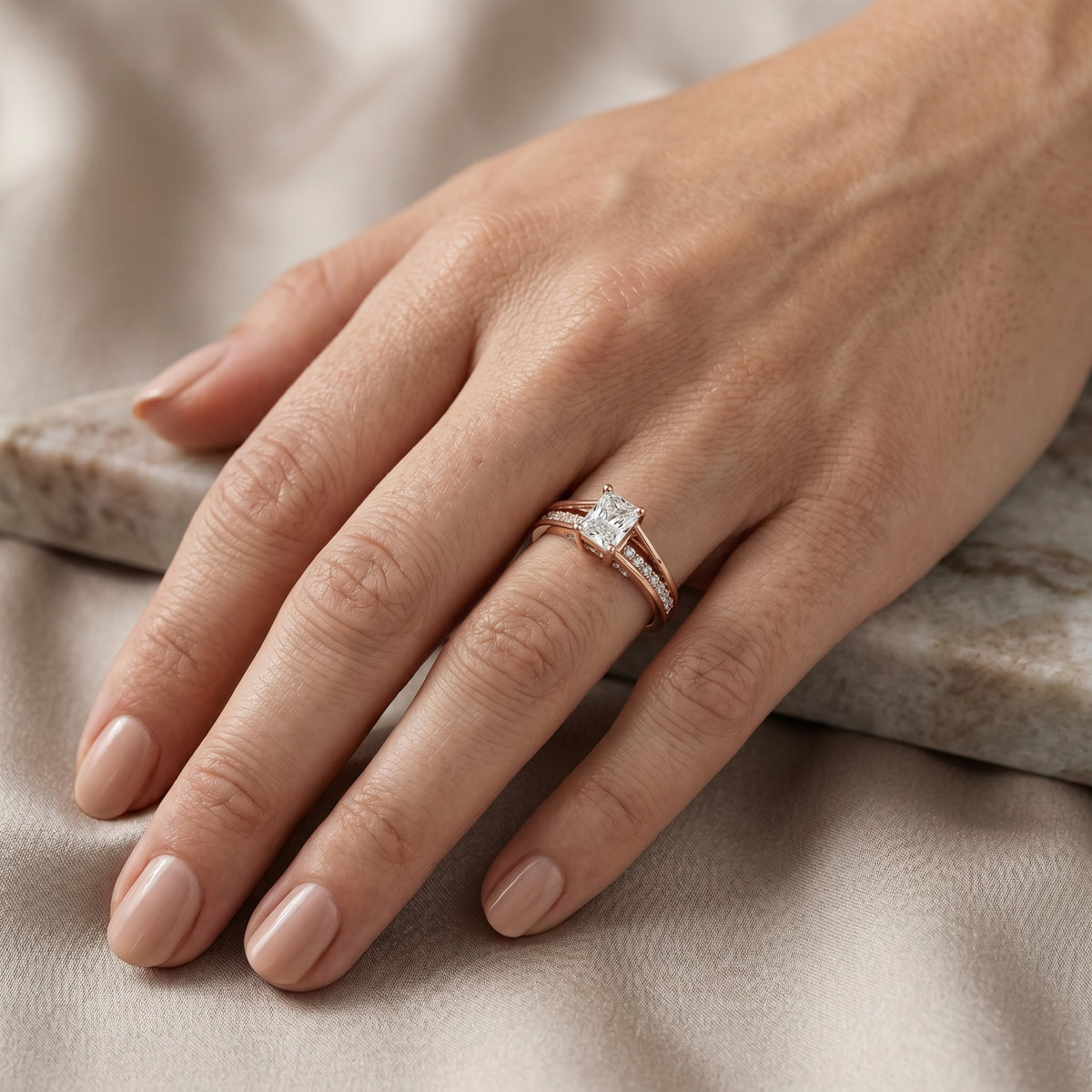 Radiant Cut Engagement Ring with Split Shank Pavé Band — lifestyle