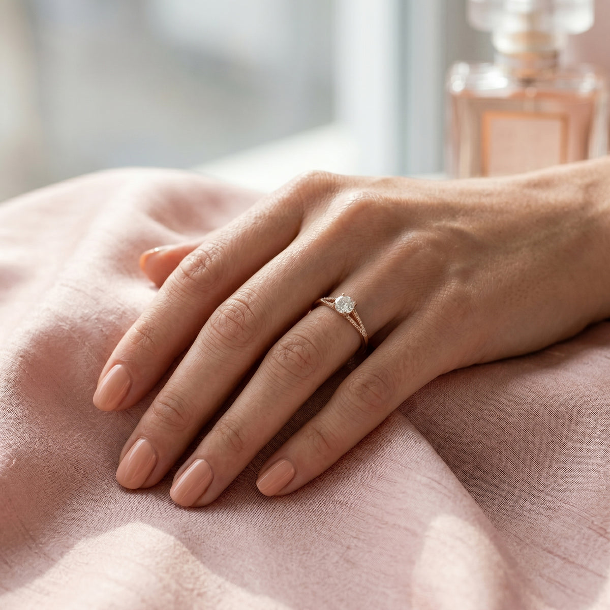 Round Diamond Engagement Ring with Channel Set Pavé Wide Band — lifestyle