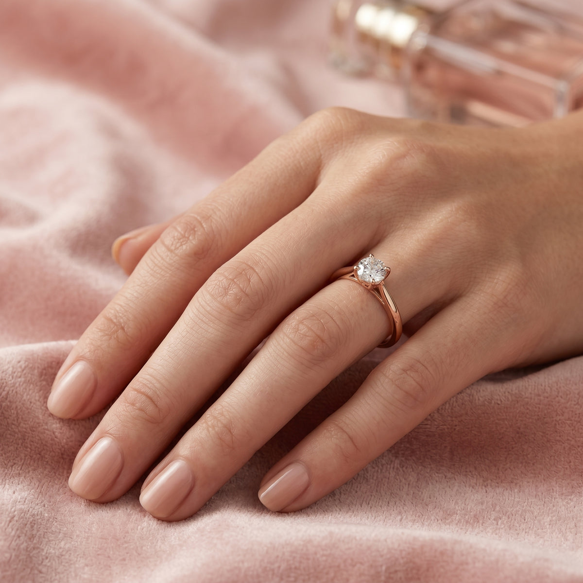 Round Diamond Solitaire Engagement Ring with Stepped Edge Band — lifestyle
