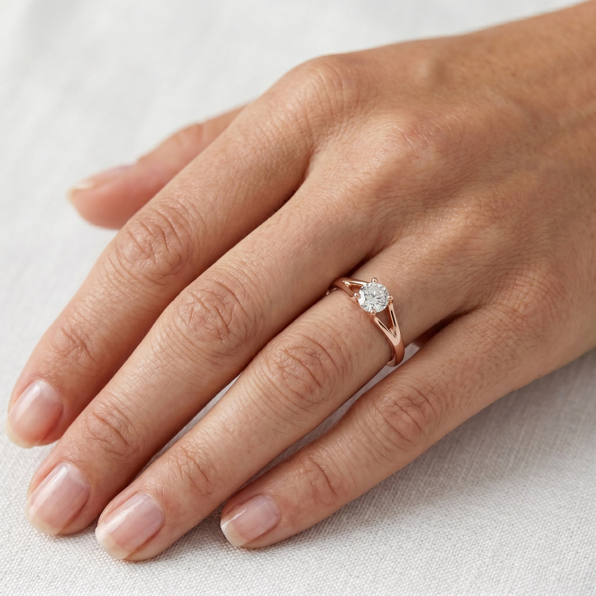 Round Diamond Solitaire Engagement Ring with Geometric Open Band — lifestyle