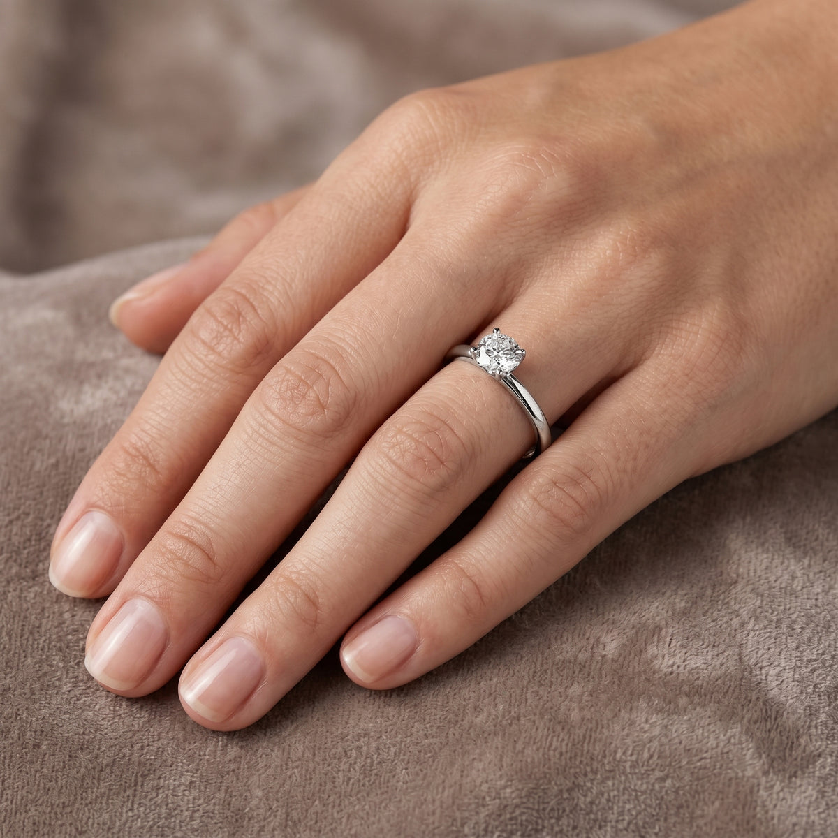 Round Diamond Solitaire Engagement Ring with Beveled Edge Band — lifestyle