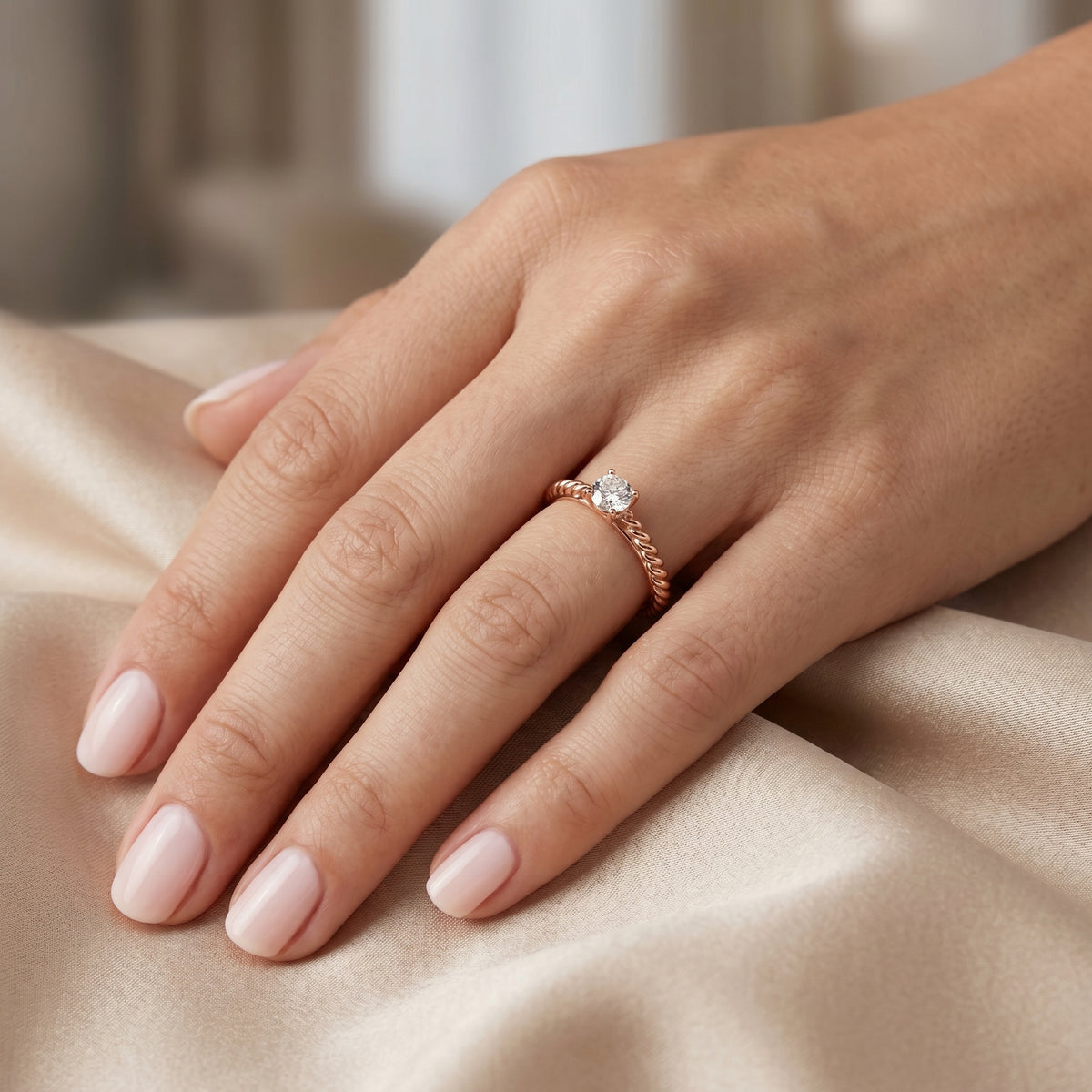 Round Diamond Solitaire Engagement Ring with Twisted Rope Band — lifestyle
