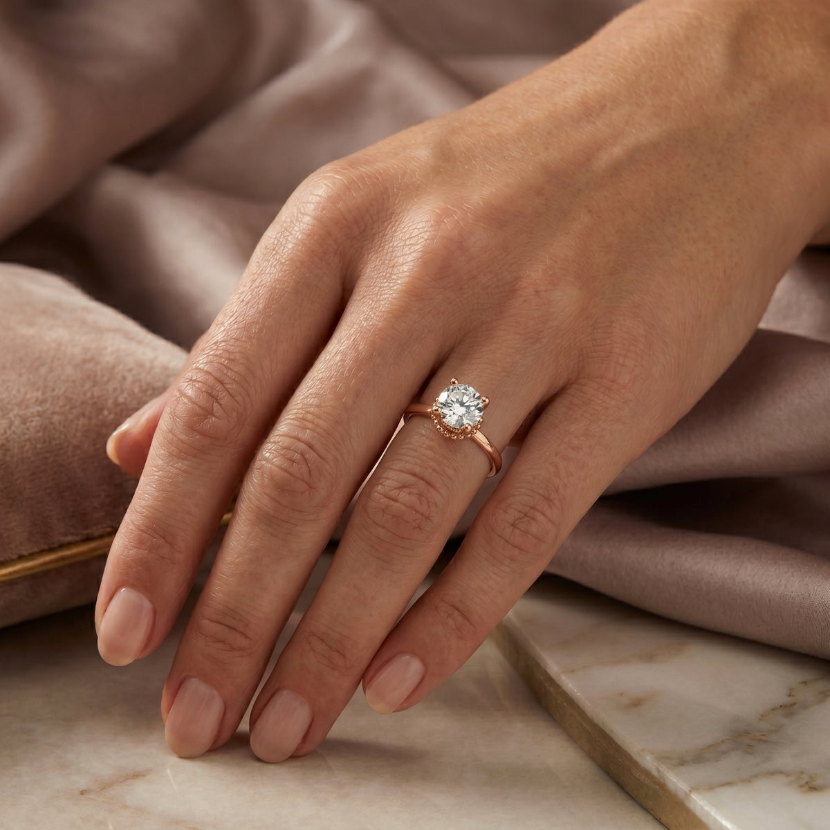 Round Diamond Solitaire Engagement Ring with Vintage Decorative Basket — lifestyle