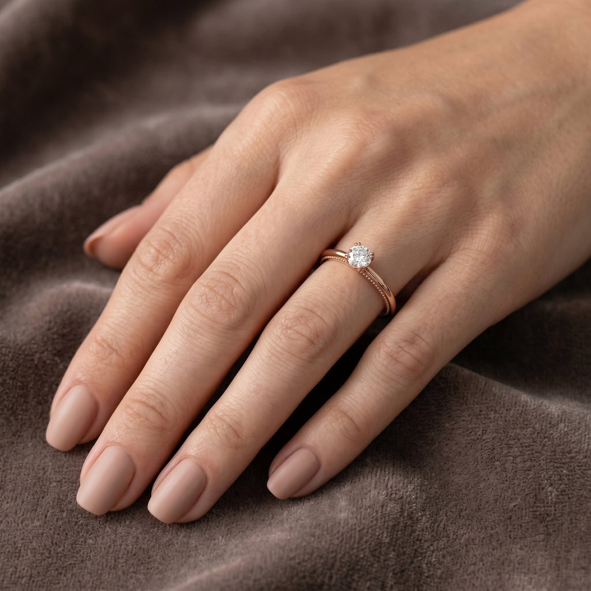 Round Diamond Solitaire Engagement Ring with Milgrain Band — lifestyle