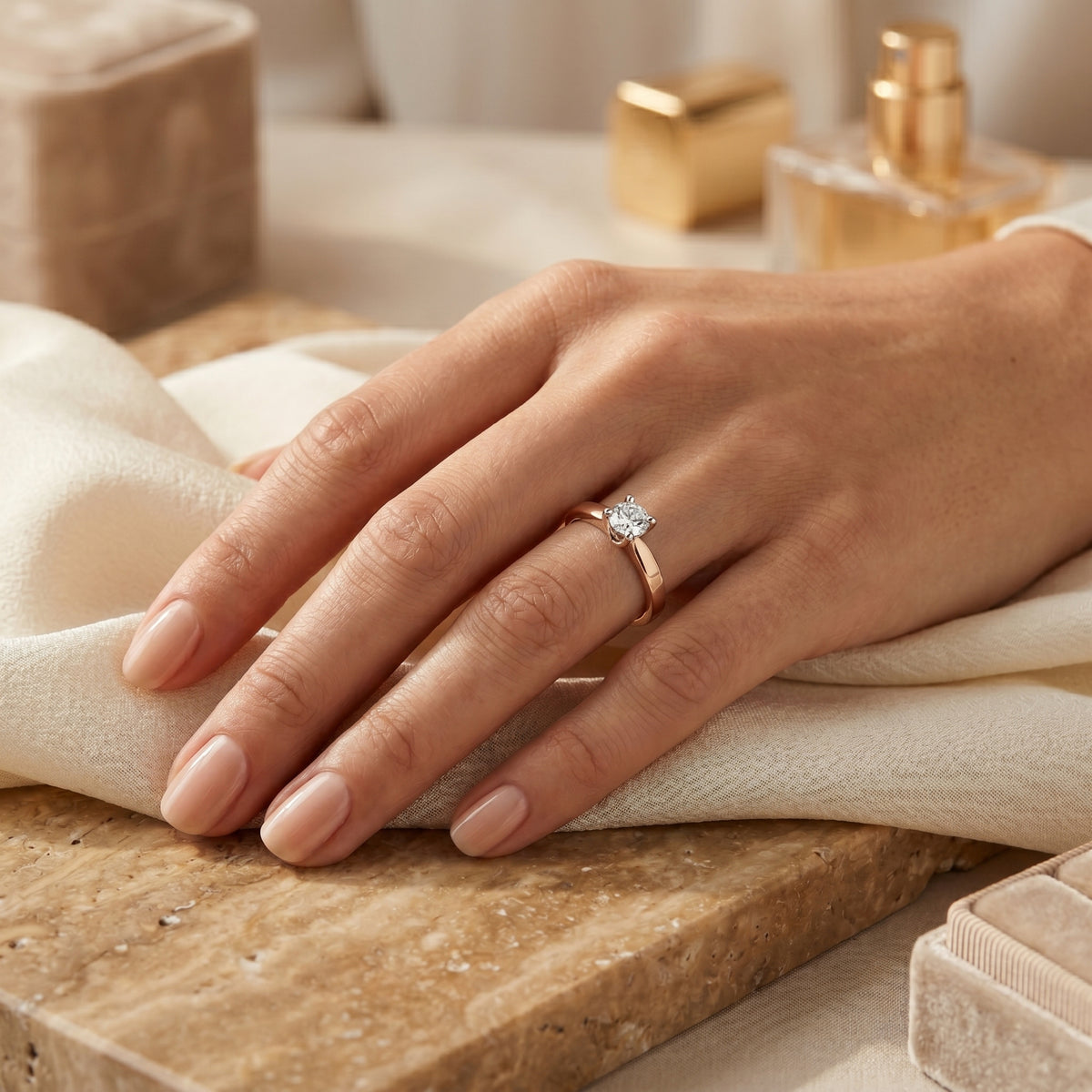 Round Diamond Compass Set Solitaire Engagement Ring — lifestyle