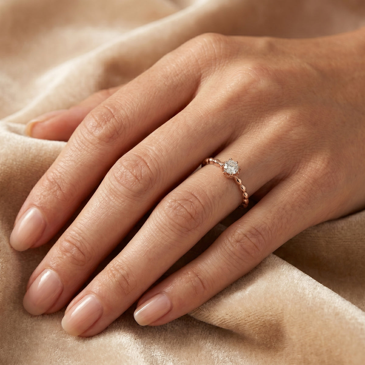 Round Diamond Floral Basket Solitaire Engagement Ring with Petal Band — lifestyle
