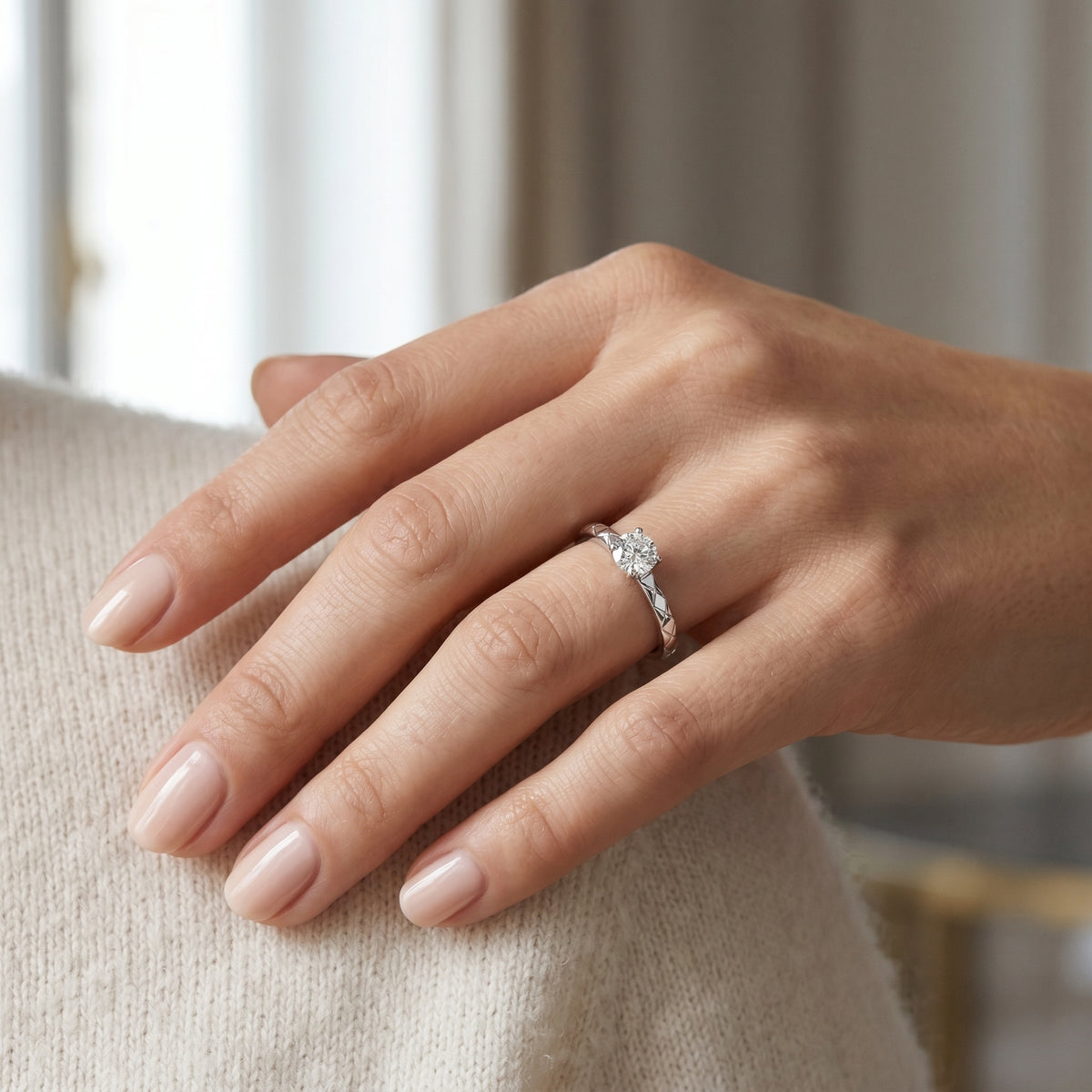 Round Diamond Solitaire Engagement Ring with Diamond Pattern Etched Band — lifestyle