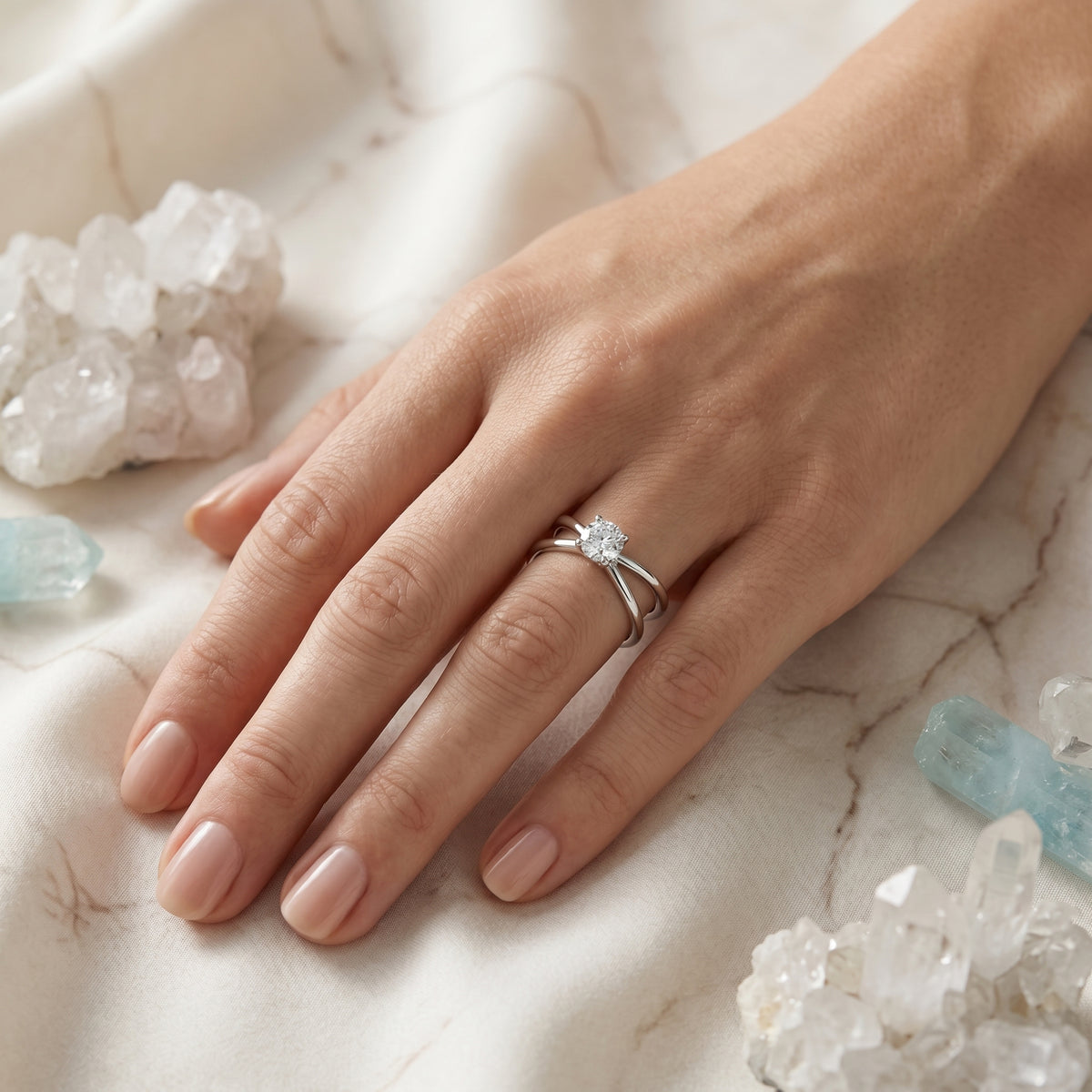 Round Diamond X Cross Open Shank Solitaire Engagement Ring — lifestyle
