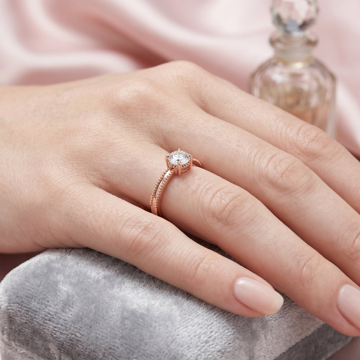 Round Diamond Solitaire Engagement Ring with Milgrain Band — lifestyle