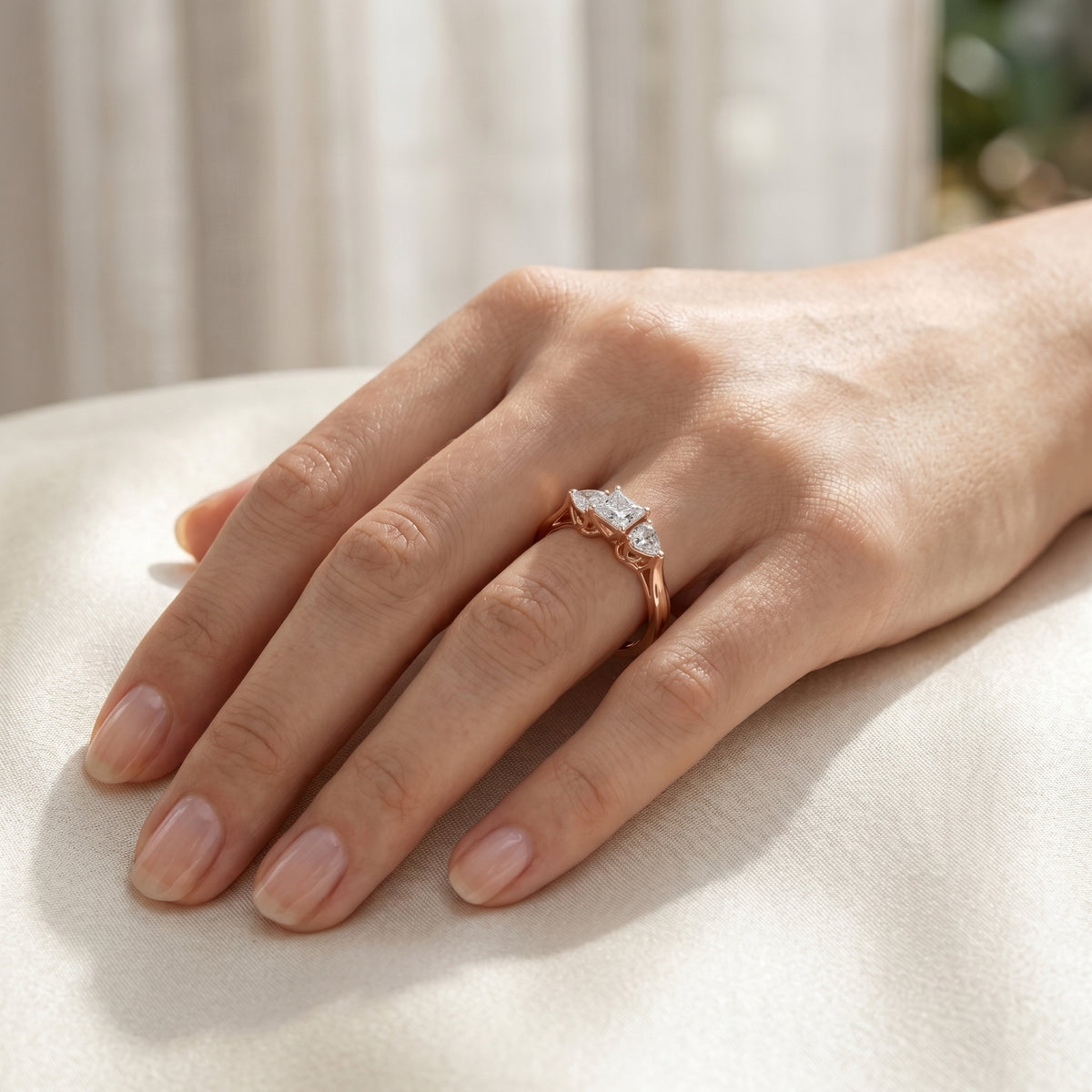 Round Diamond Three Stone Engagement Ring with Vintage Filigree Band — lifestyle
