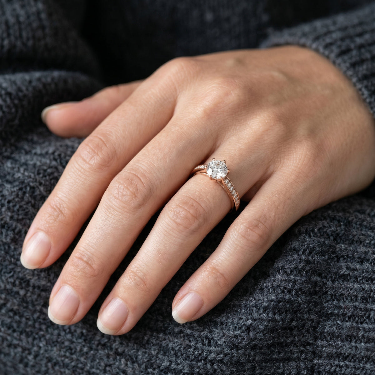 Round Diamond Six Prong Engagement Ring with Pavé Band — lifestyle