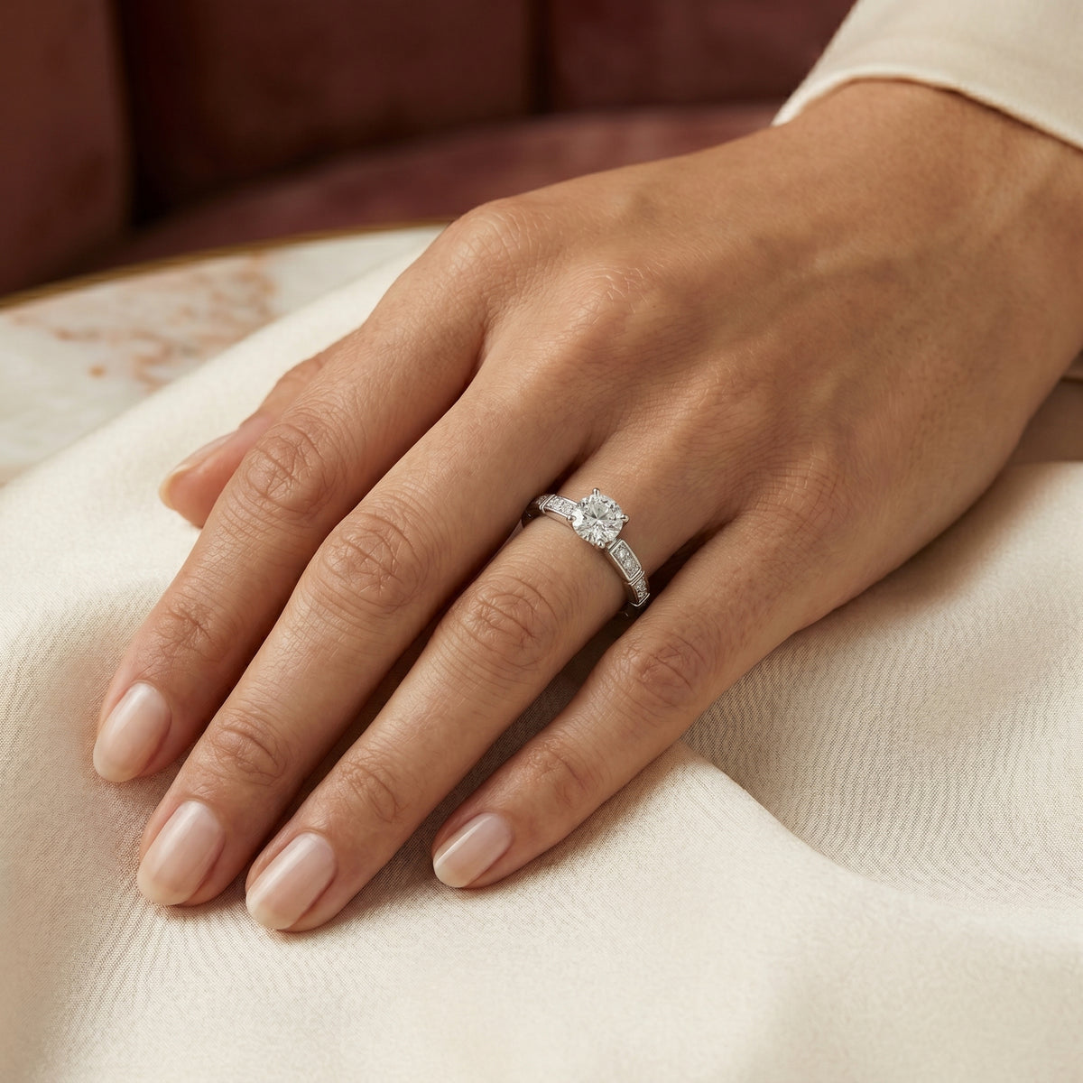 Round Diamond Engagement Ring with Channel Set Pavé Band — lifestyle