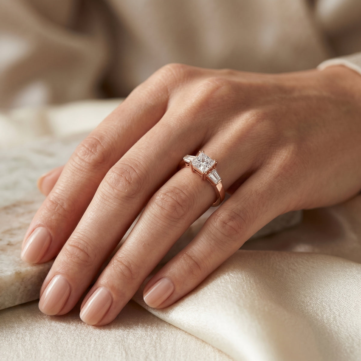 Round Diamond Solitaire Engagement Ring with Decorative Etched Band — lifestyle