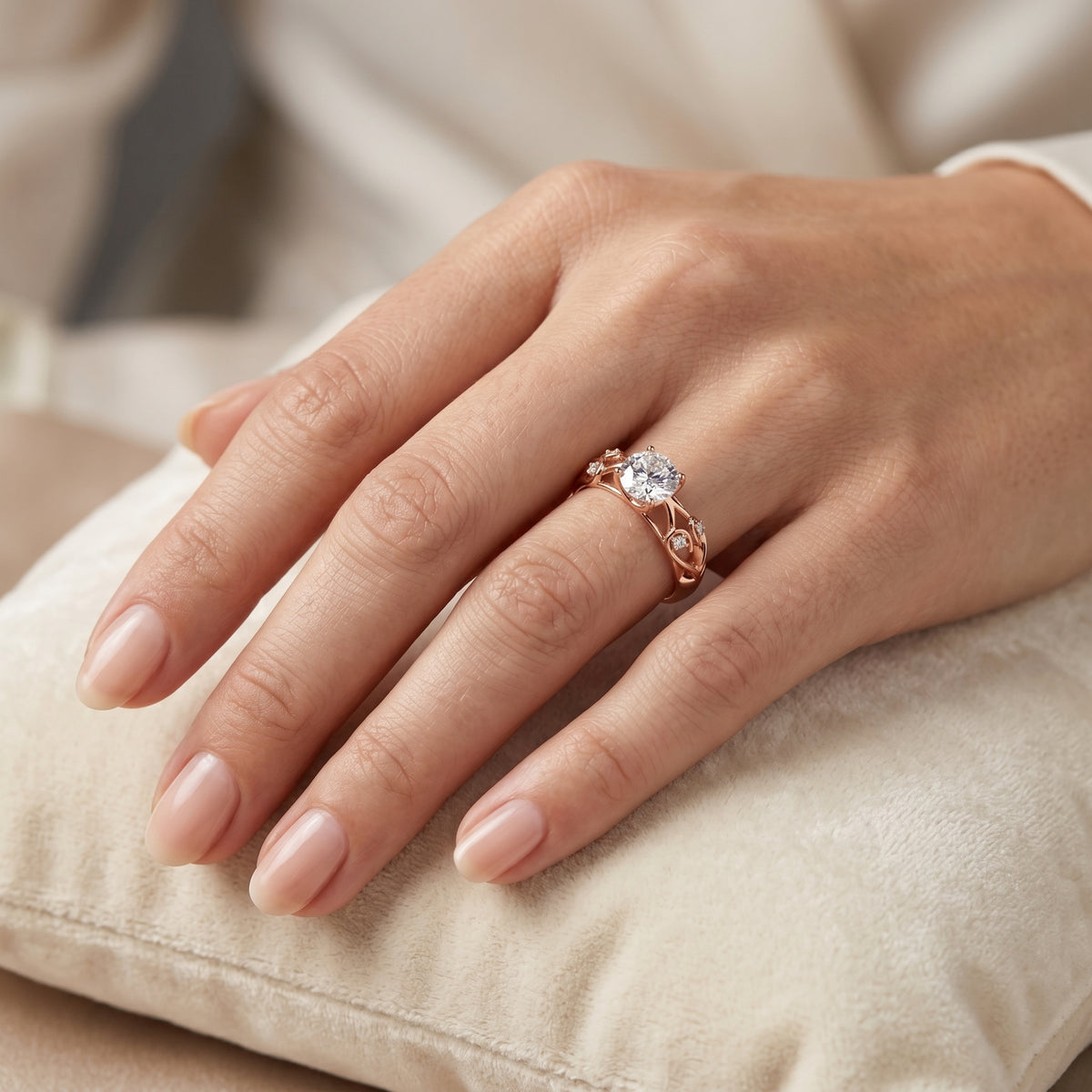 Round Diamond Solitaire Engagement Ring with Sculpted Floral Openwork Band — lifestyle