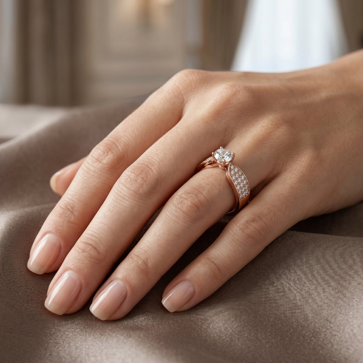 Round Diamond Engagement Ring with Wide Pavé Band — lifestyle