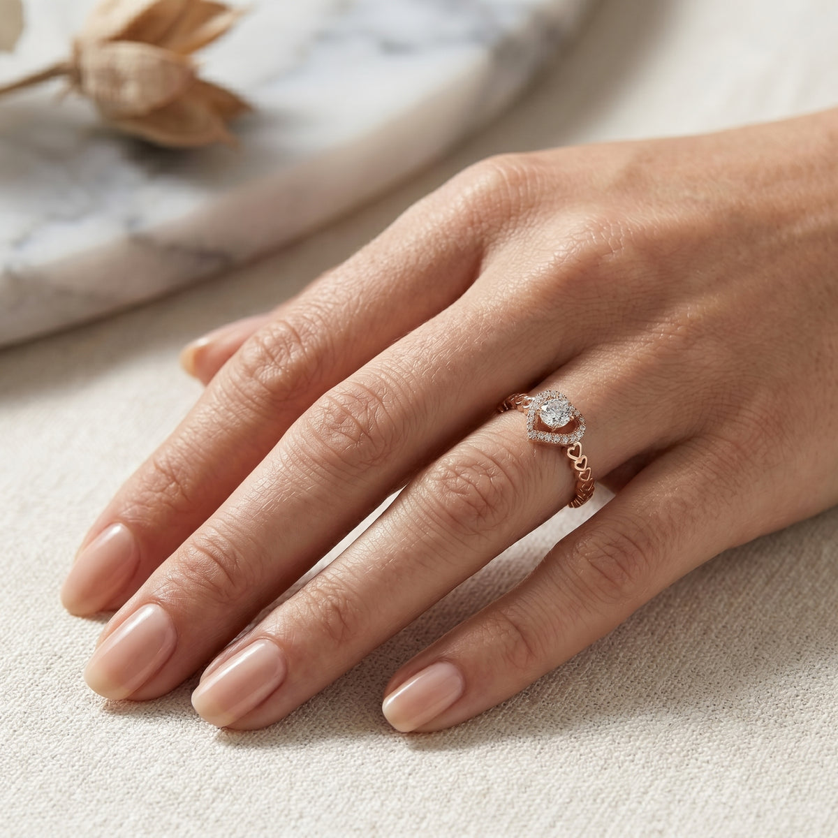 Round Diamond Heart Halo Engagement Ring with Decorative Open Band — lifestyle