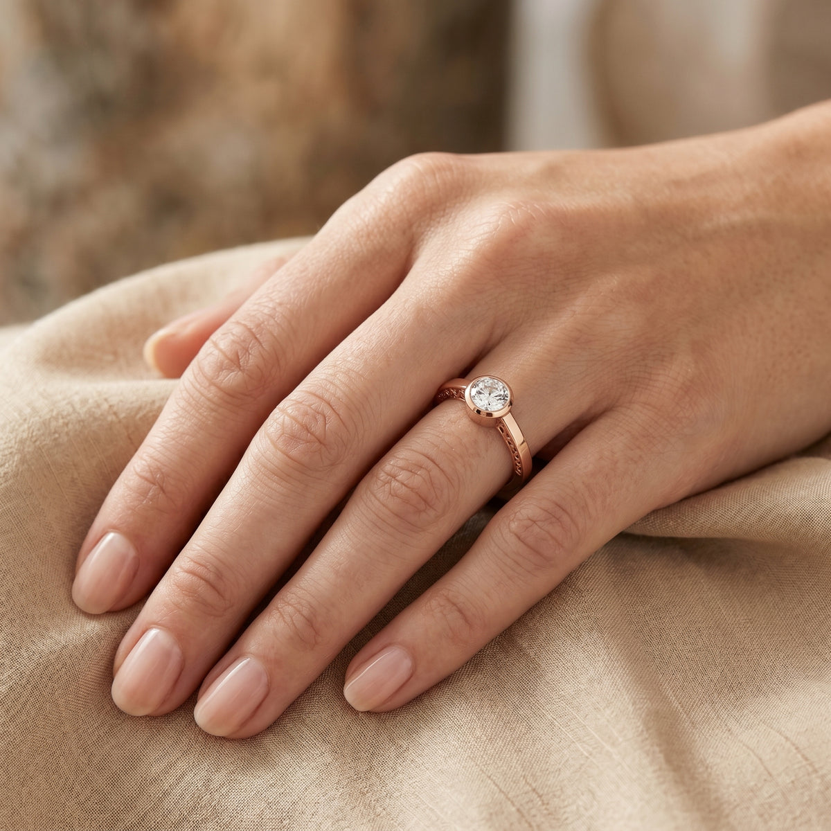 Round Diamond Bezel Set Solitaire Engagement Ring — lifestyle