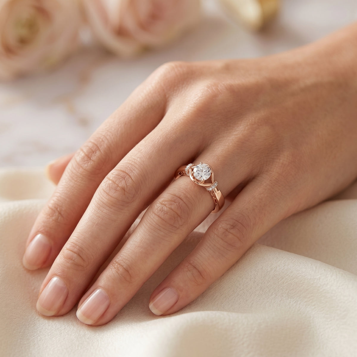 Round Diamond Engagement Ring with Side Leaf Accents and Twisted Shank — lifestyle