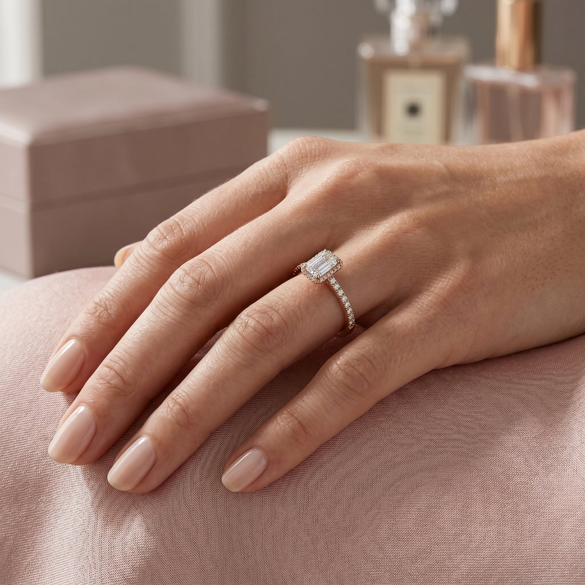 Emerald Cut Engagement Ring with Pavé Band — lifestyle