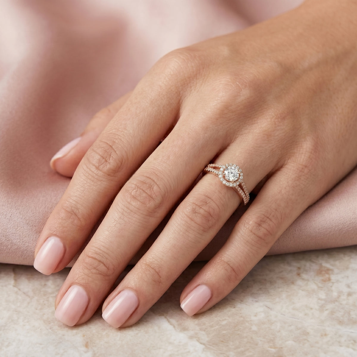 Round Diamond Halo Engagement Ring with Split Shank Pavé Band — lifestyle