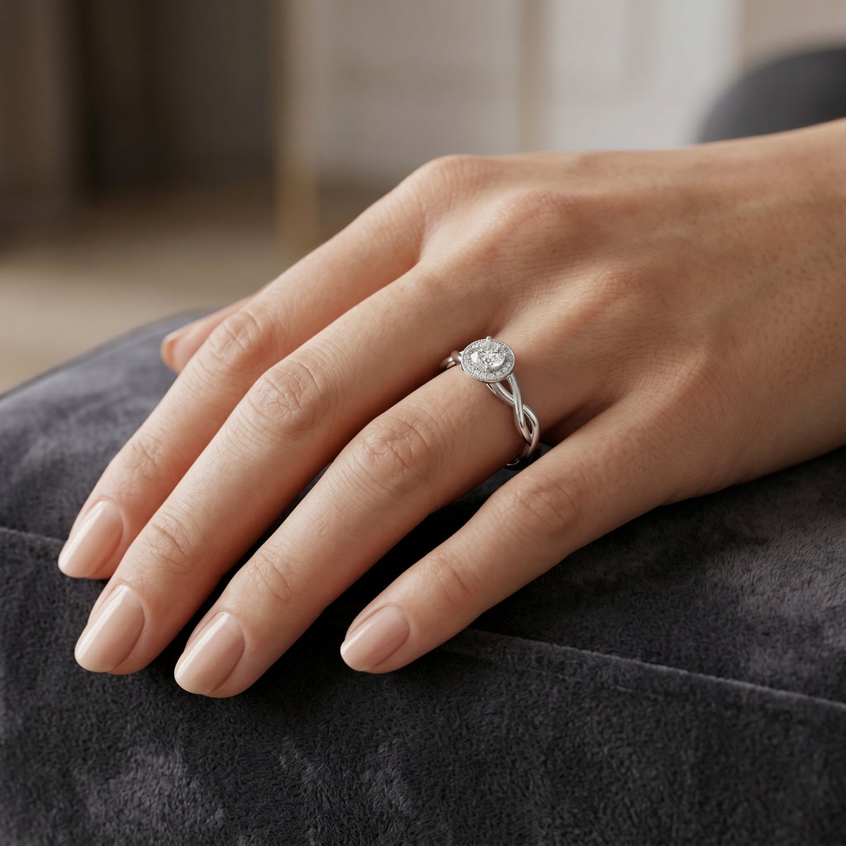 Round Diamond Halo Engagement Ring with Tapered Band — lifestyle