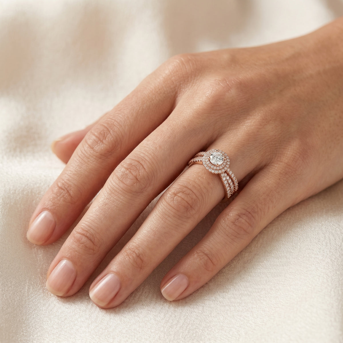 Round Diamond Halo Engagement Ring with Wide Double Pavé Band — lifestyle
