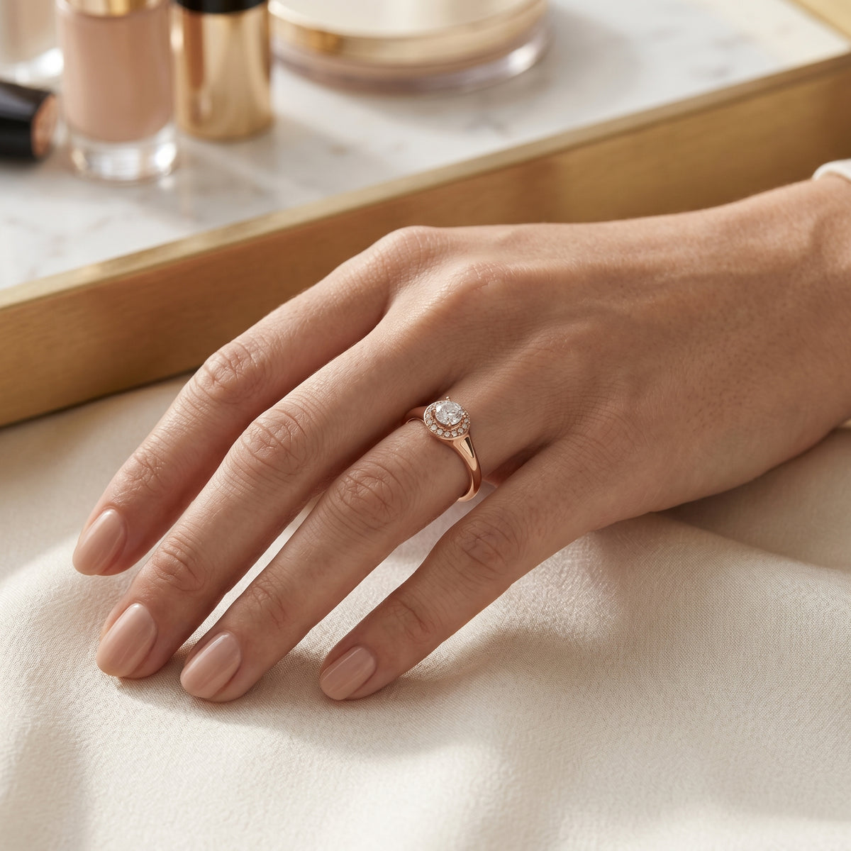 Round Diamond Halo Signet Engagement Ring — lifestyle