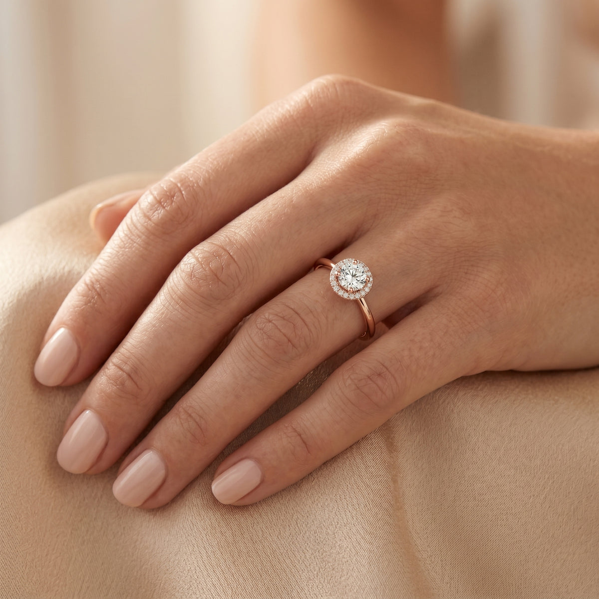 Round Diamond Petite Halo Solitaire Engagement Ring — lifestyle