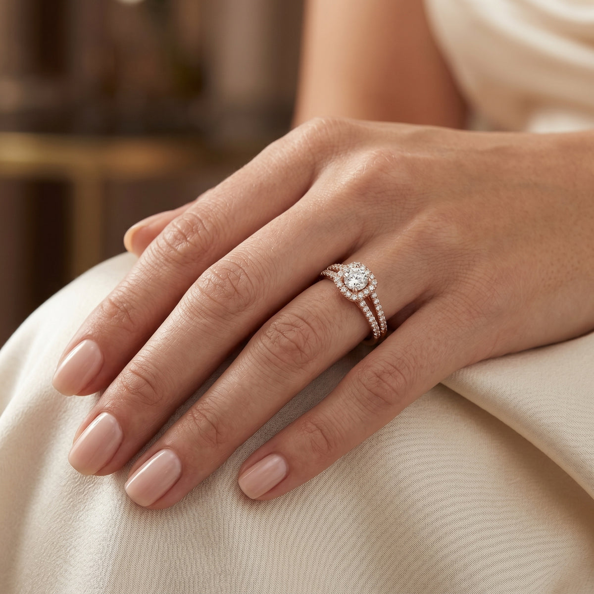 Round Diamond Cushion Halo Engagement Ring with Split Shank Pavé Band — lifestyle