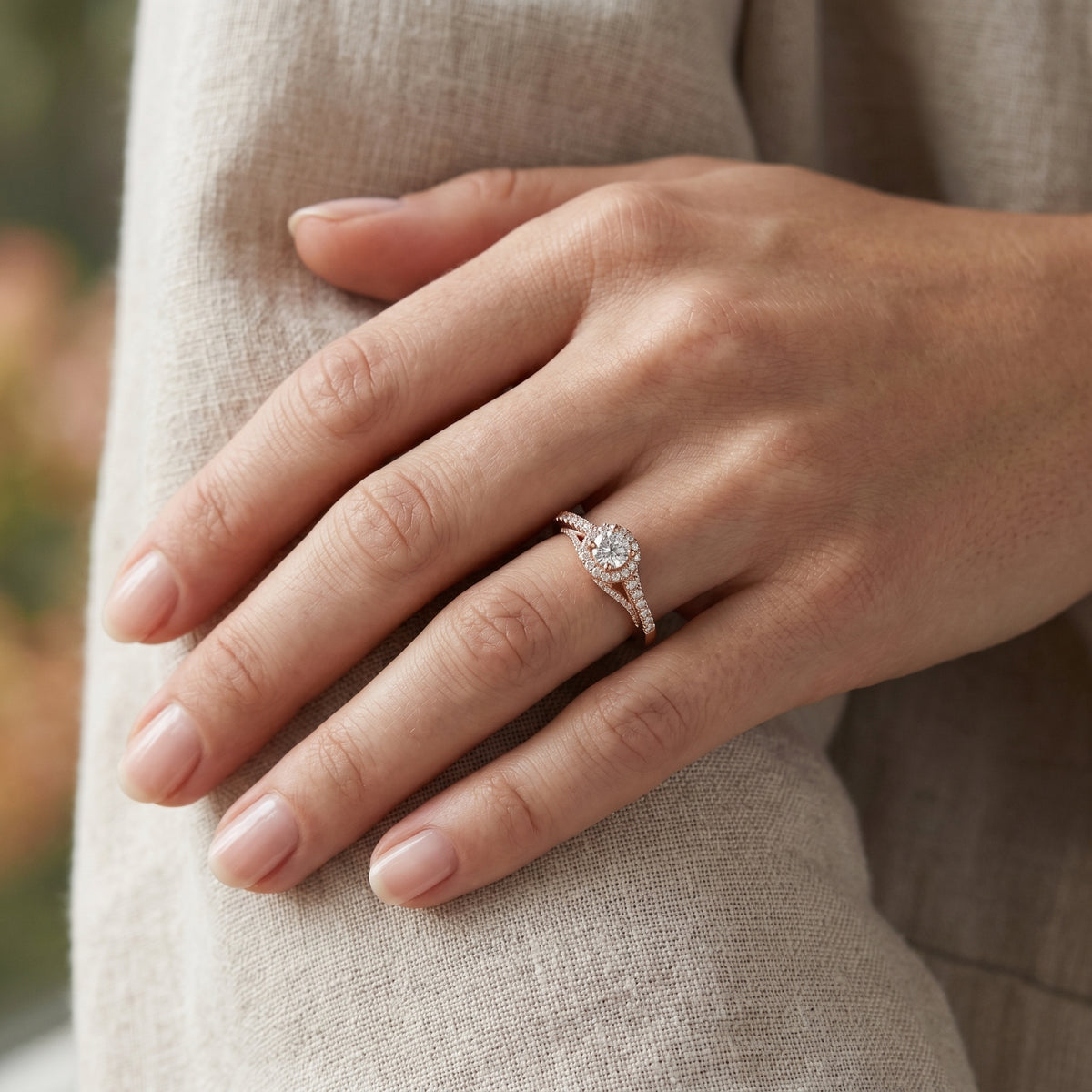 Round Diamond Halo Engagement Ring with Wide Pavé Band — lifestyle