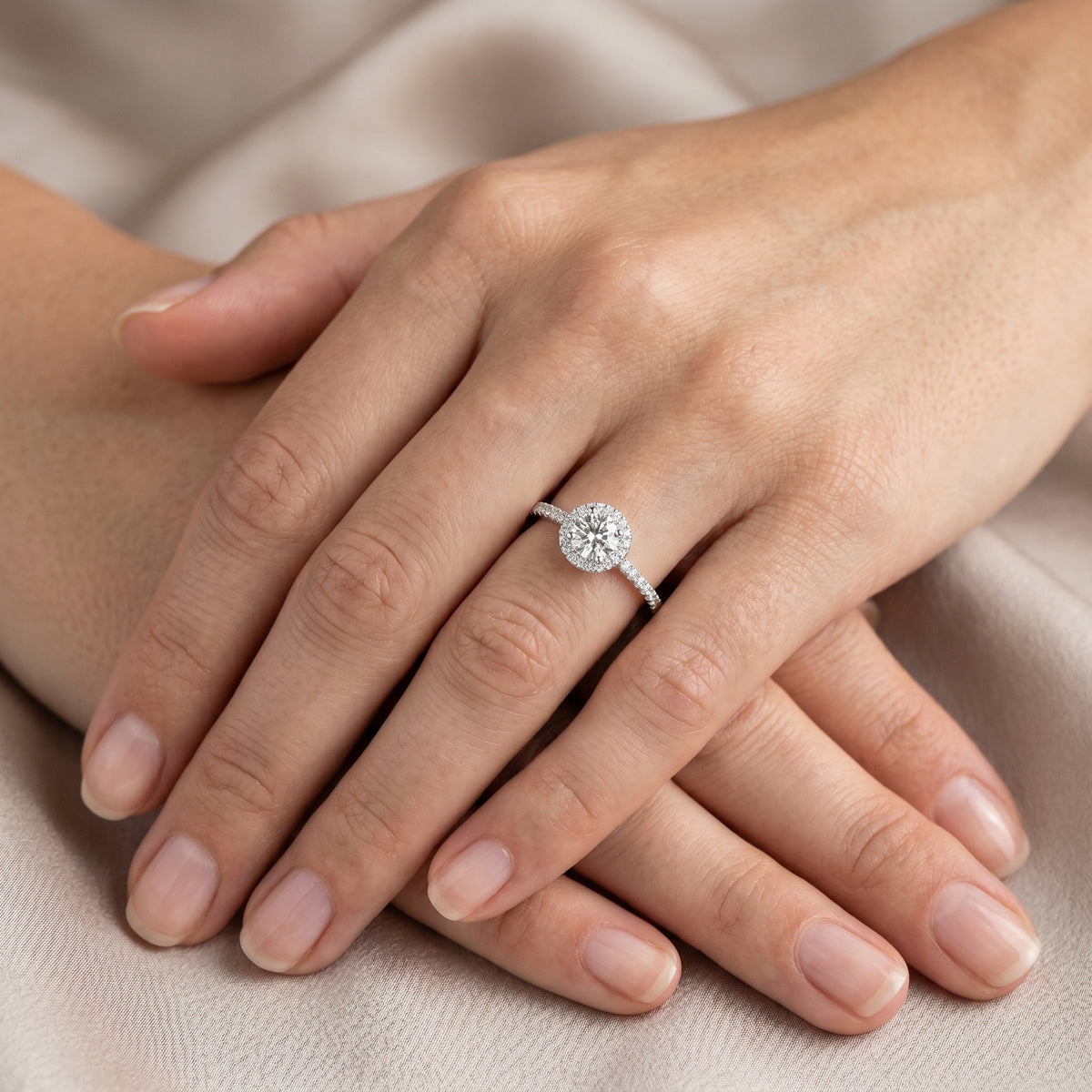 Round Diamond Halo Engagement Ring with Pavé Band — lifestyle