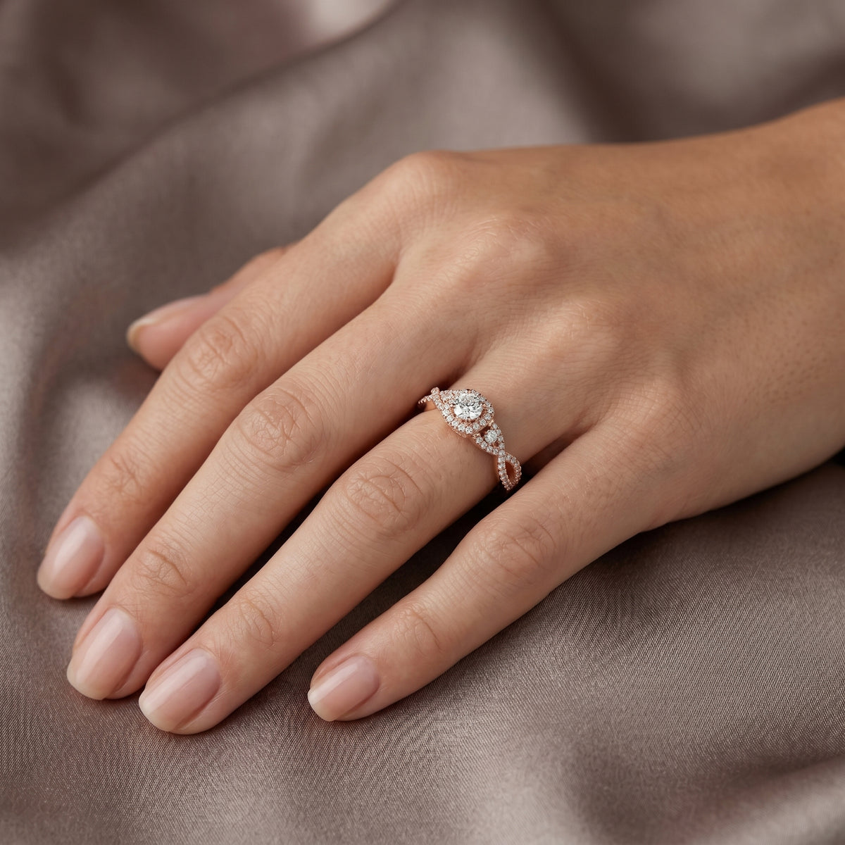 Round Diamond Halo Engagement Ring with Vintage Leaf Pavé Band — lifestyle