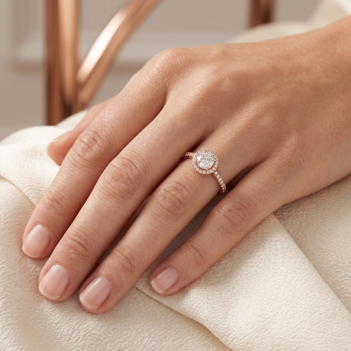 Round Diamond Halo Engagement Ring with Full Pavé Eternity Shank — lifestyle