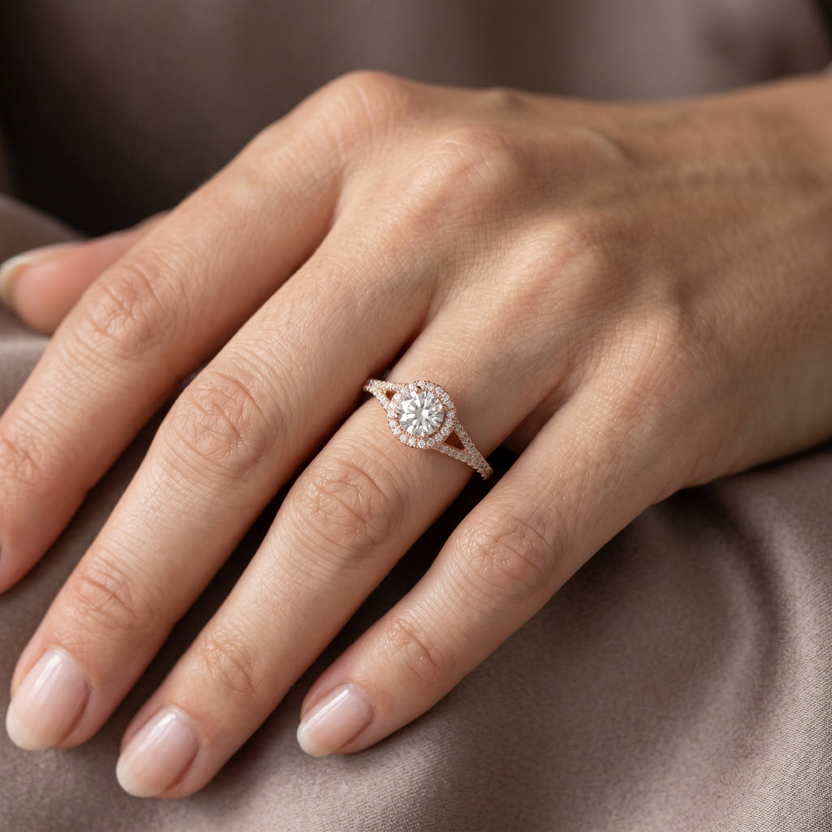 Round Diamond Compact Halo Engagement Ring with Pavé Shoulders — lifestyle